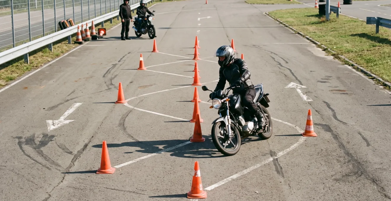 Élève motard réalisant un exercice de slalom entre des cônes orange sur un plateau d'entraînement fermé, avec moniteur en arrière-plan