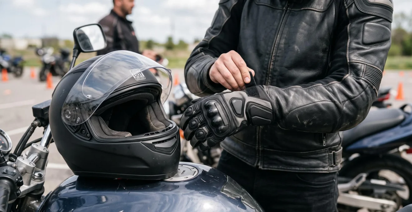 Gros plan sur les mains d'un élève motard ajustant ses gants de protection renforcés, avec casque homologué posé sur le réservoir de la moto
